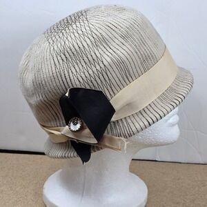 Jacques Heim Paris Cloche Hat‎ Womens Beige Black Stripe Bow Button Accent